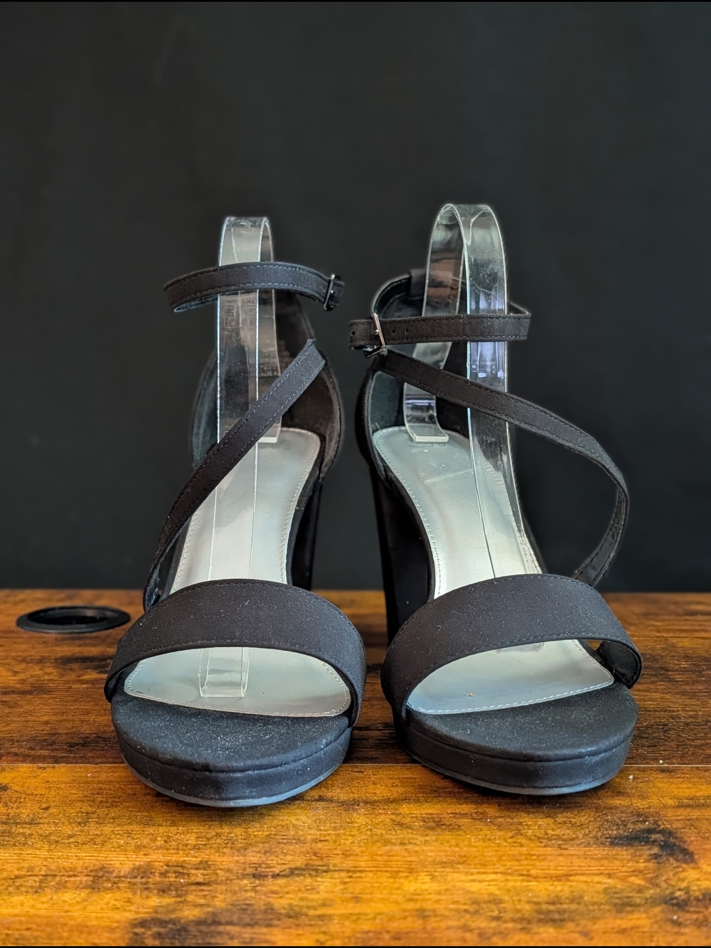 C&M Black Strappy Platform Sandals 12W Wide Ankle Buckle Chunky Heels Club Wear - Picture 2 of 8